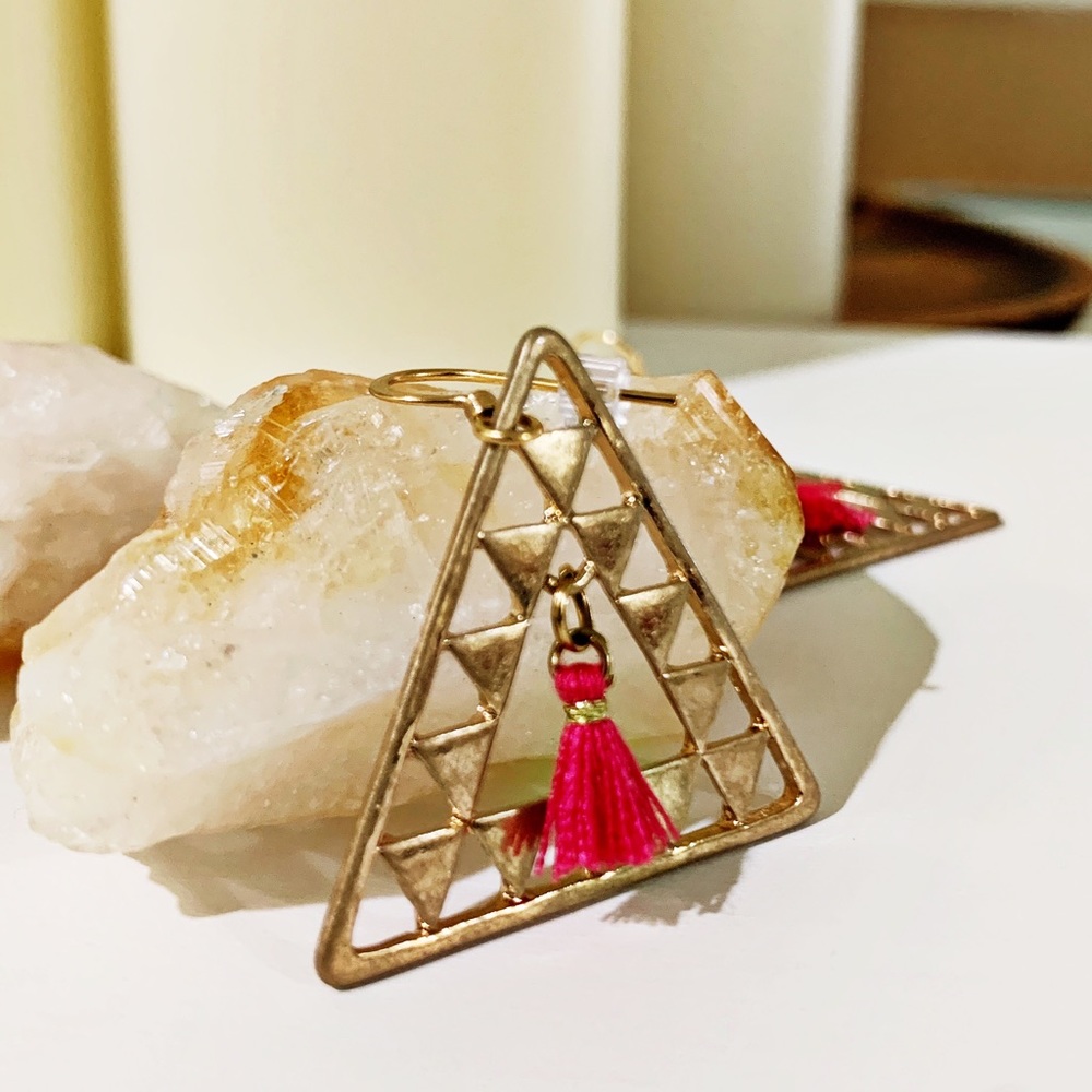 New - Gold-Tone Triangle Earrings with HOT PINK Tassel